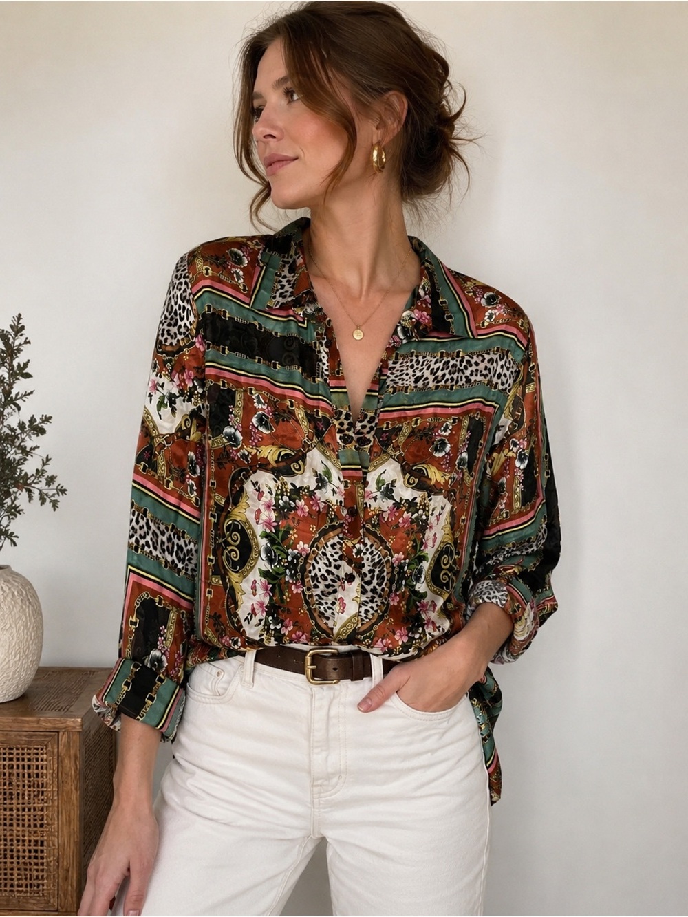 Lavender Brown Silk Blouse Mixed Print Leopard Baroque Button Front Top Large